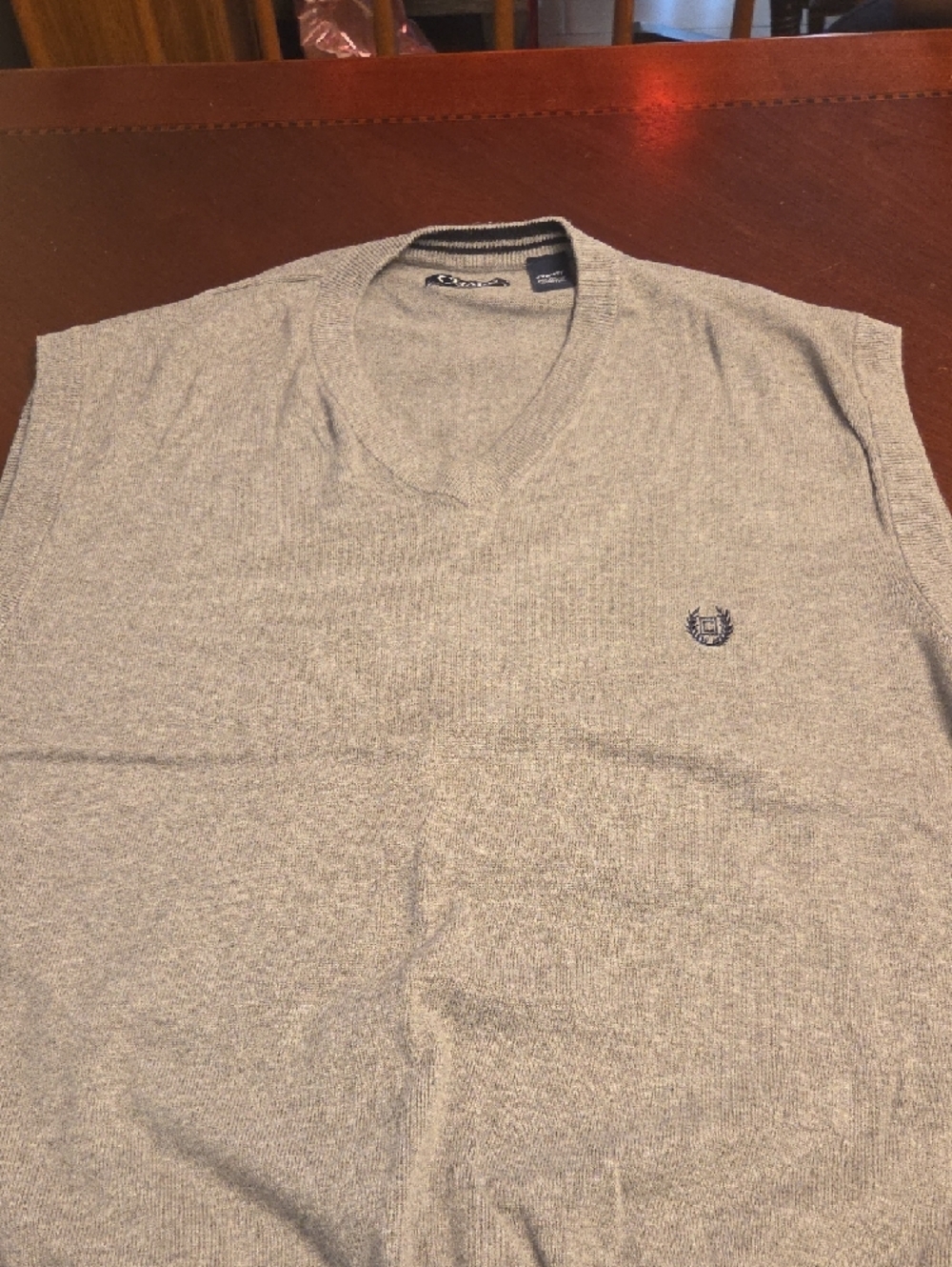 Chaps Men's V-Neck Sweater in Light Heather Gray with Navy Embroidery - Picture 2 of 4